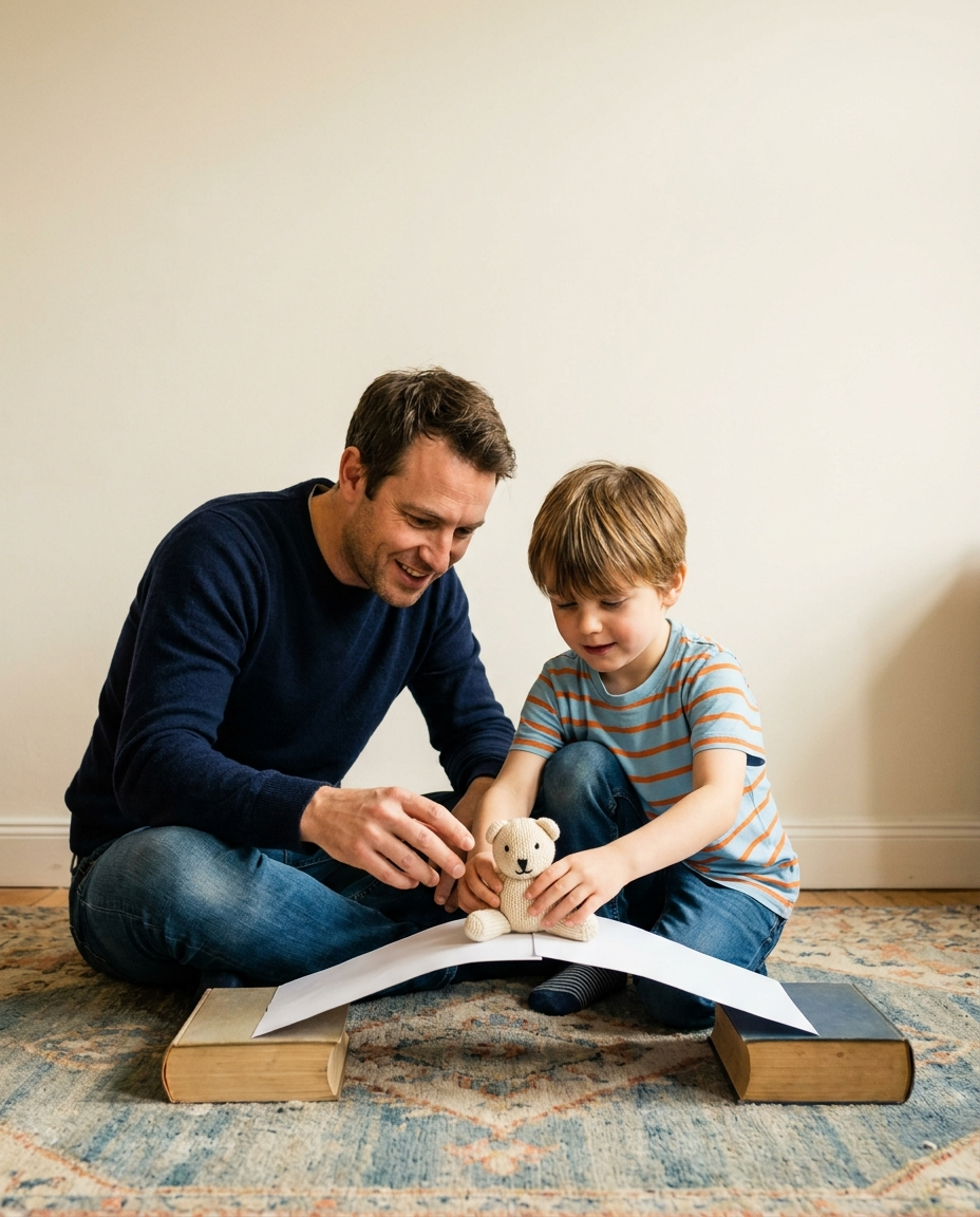 A father and son test a paper bridge between two books